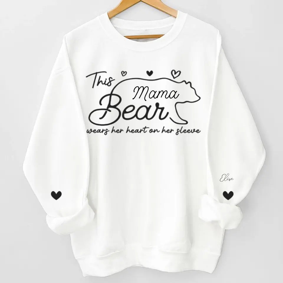 This Mama Bear Wears Her Heart On Her Sleeve - Family Personalized Custom Unisex Sweatshirt With Design On Sleeve - Gift For Mom