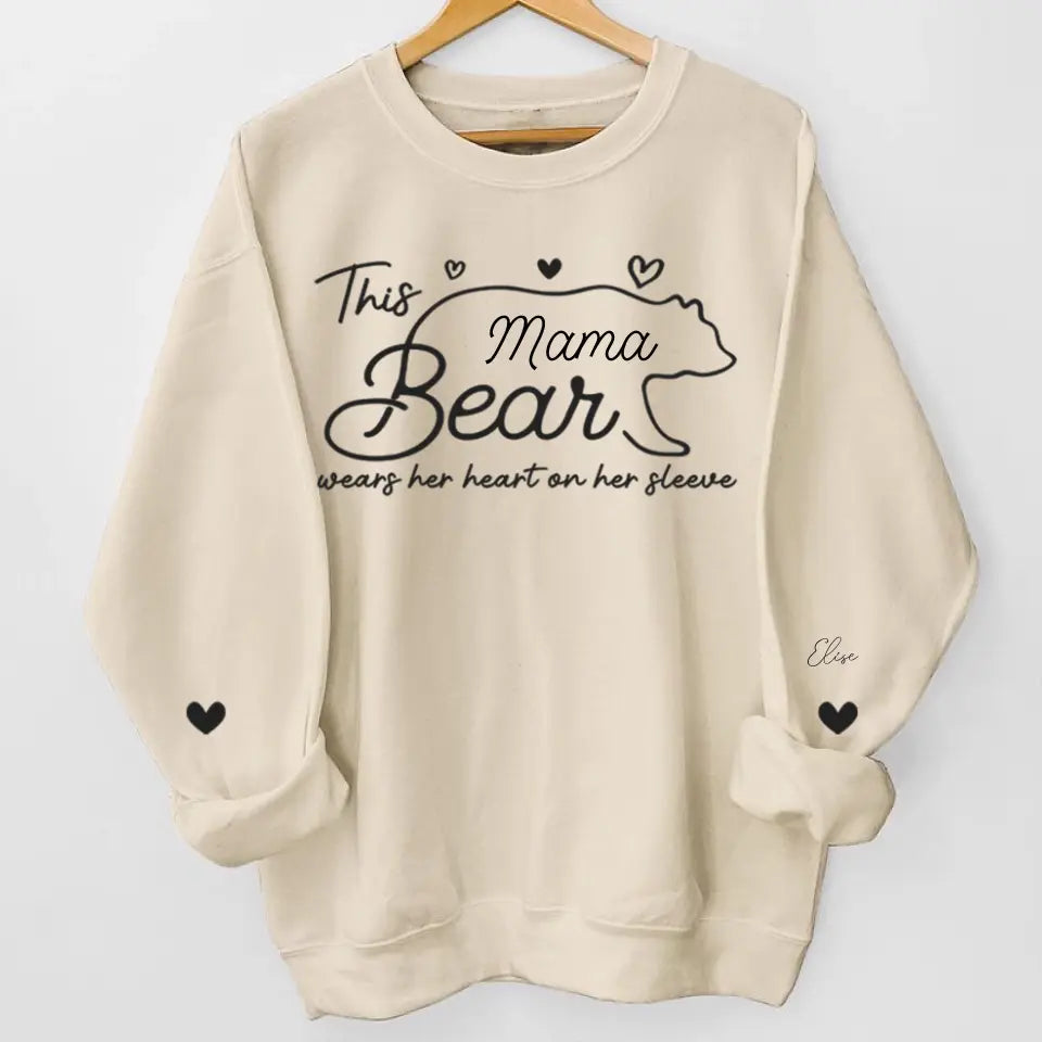 This Mama Bear Wears Her Heart On Her Sleeve - Family Personalized Custom Unisex Sweatshirt With Design On Sleeve - Gift For Mom