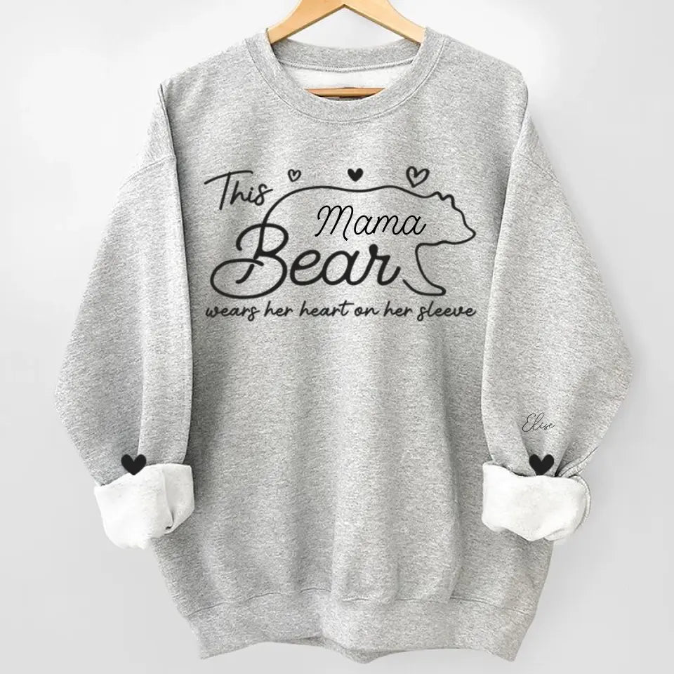 This Mama Bear Wears Her Heart On Her Sleeve - Family Personalized Custom Unisex Sweatshirt With Design On Sleeve - Gift For Mom