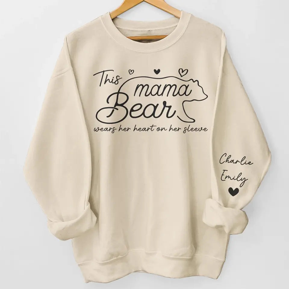 This Mama Bear Wears Her Heart On Her Sleeve - Family Personalized Custom Unisex Sweatshirt With Design On Sleeve - Gift For Mom