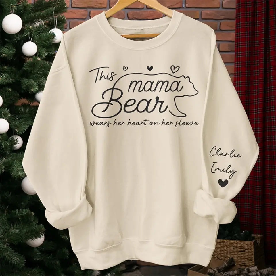 This Mama Bear Wears Her Heart On Her Sleeve - Family Personalized Custom Unisex Sweatshirt With Design On Sleeve - Gift For Mom