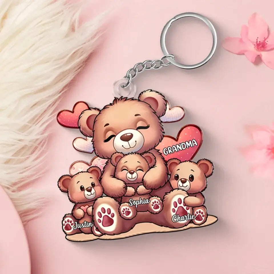 Cute Grandma Bear Mama Bear With Kids Personalized Acrylic Keychain