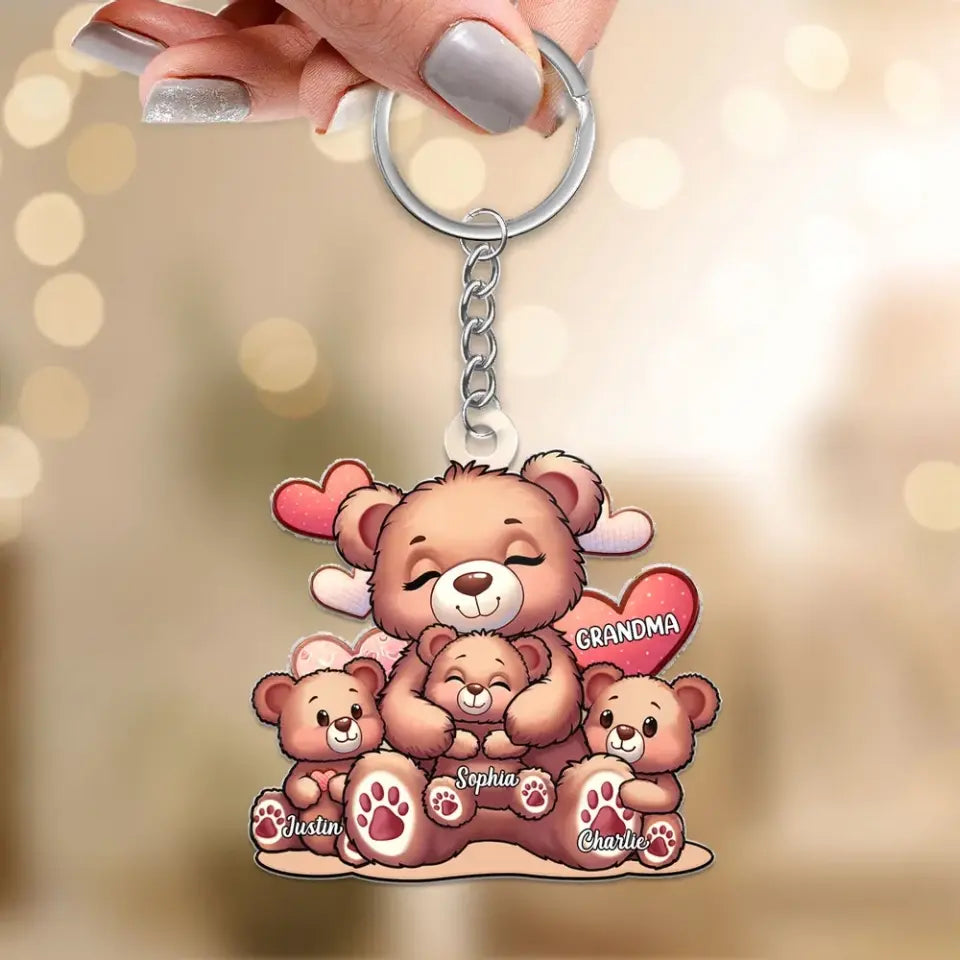 Cute Grandma Bear Mama Bear With Kids Personalized Acrylic Keychain