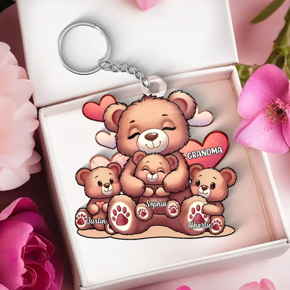 Cute Grandma Bear Mama Bear With Kids Personalized Acrylic Keychain