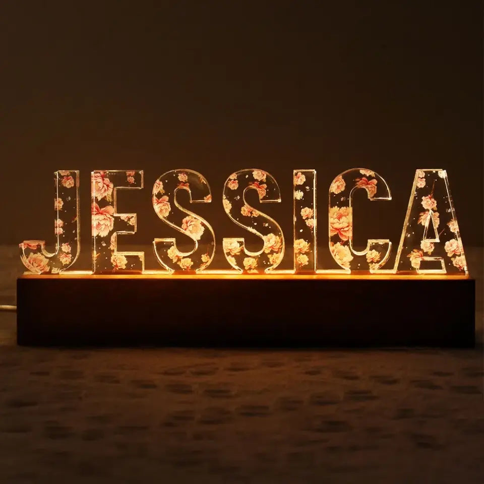 Custom Flower Printed LED Night Light, Birth Month Flower, Custom Name, Gift For Her