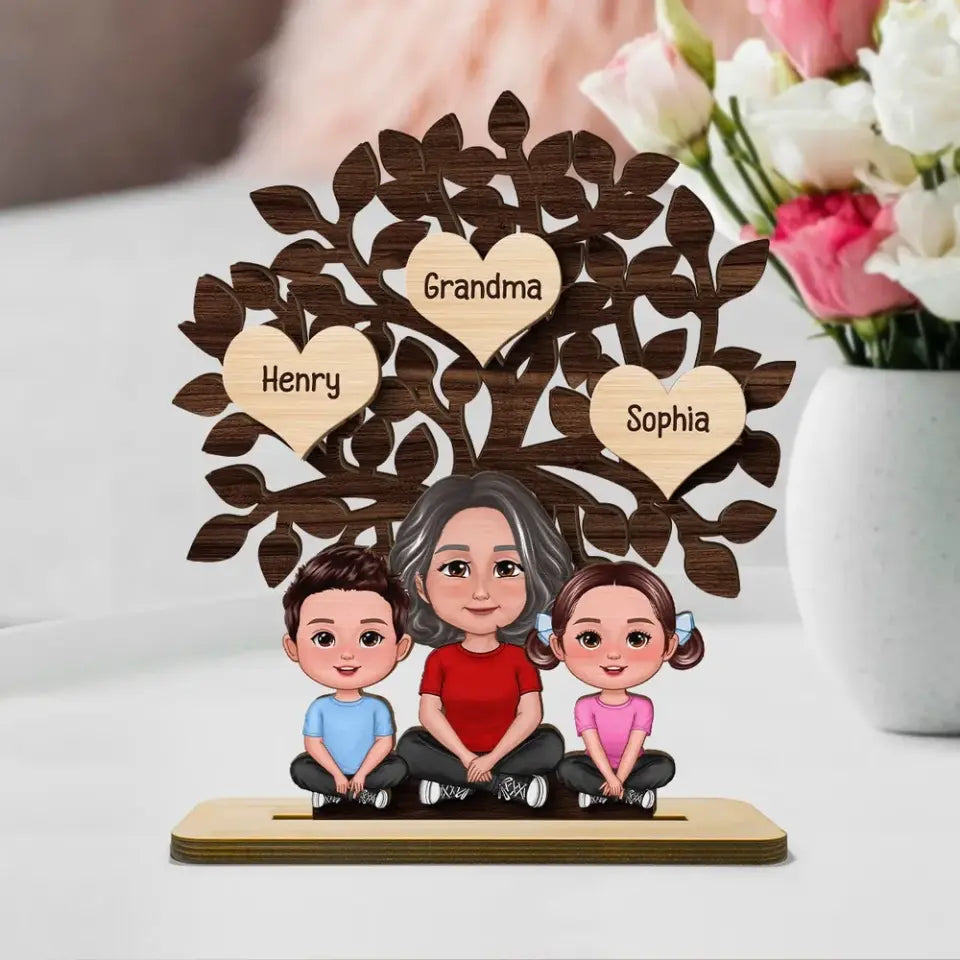 Grandma & Grandkids Sitting Under Family Tree Love Personalized 2-Layer Standing Wooden Plaque