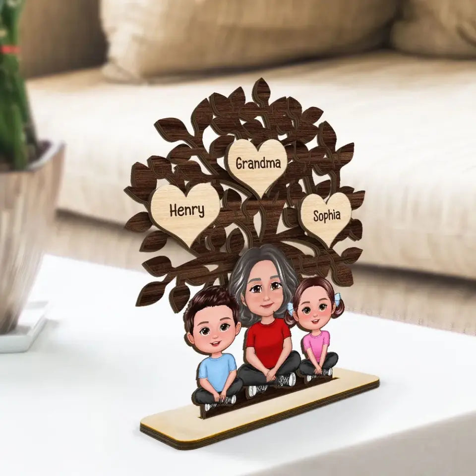 Grandma & Grandkids Sitting Under Family Tree Love Personalized 2-Layer Standing Wooden Plaque