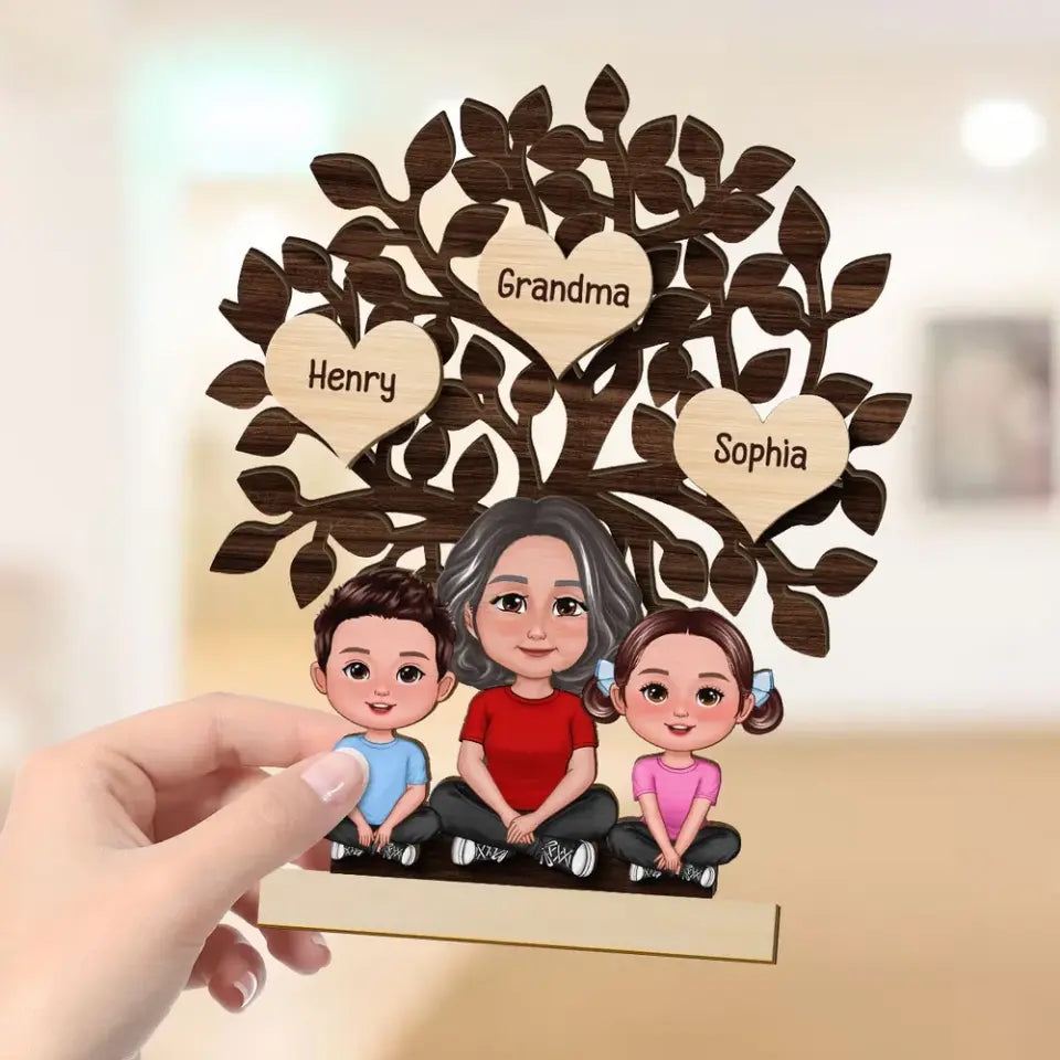 Grandma & Grandkids Sitting Under Family Tree Love Personalized 2-Layer Standing Wooden Plaque