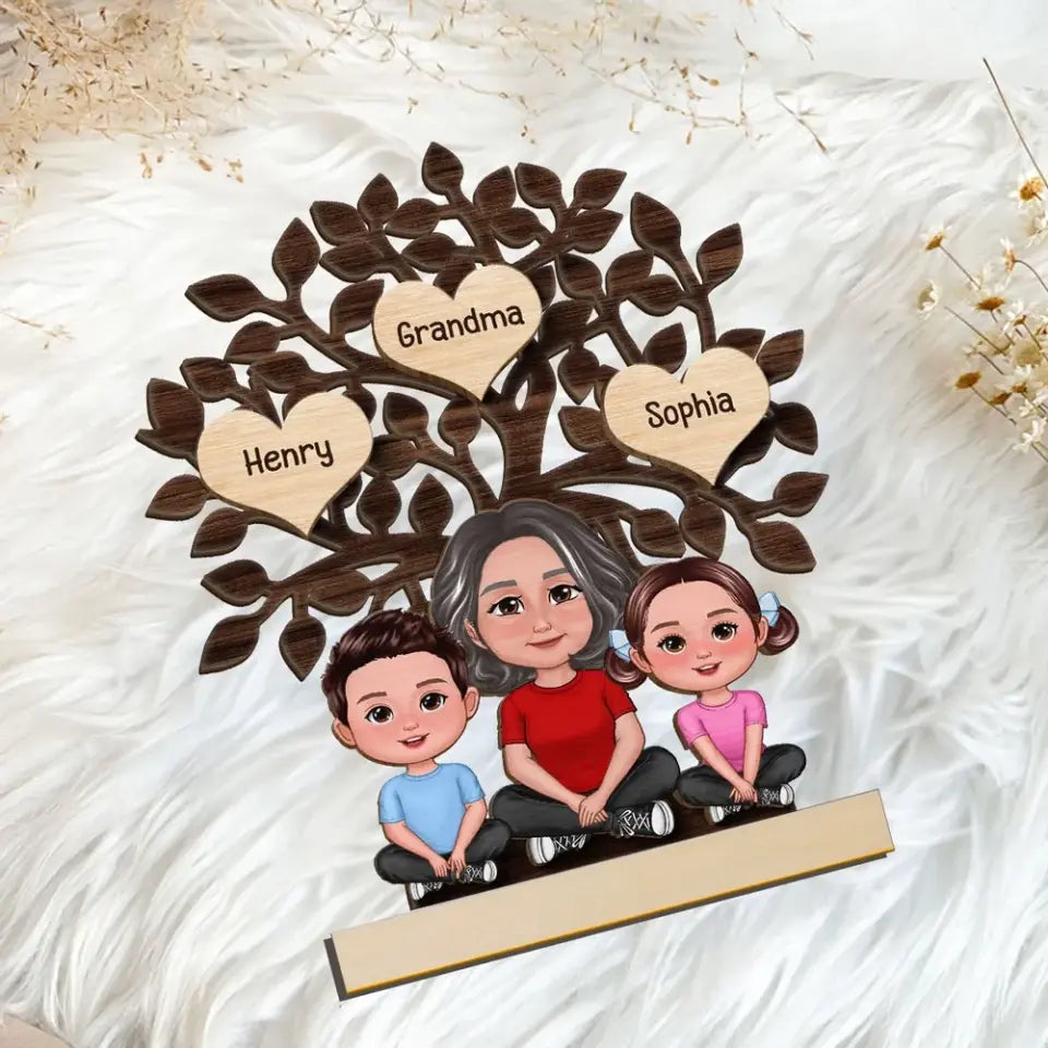 Grandma & Grandkids Sitting Under Family Tree Love Personalized 2-Layer Standing Wooden Plaque