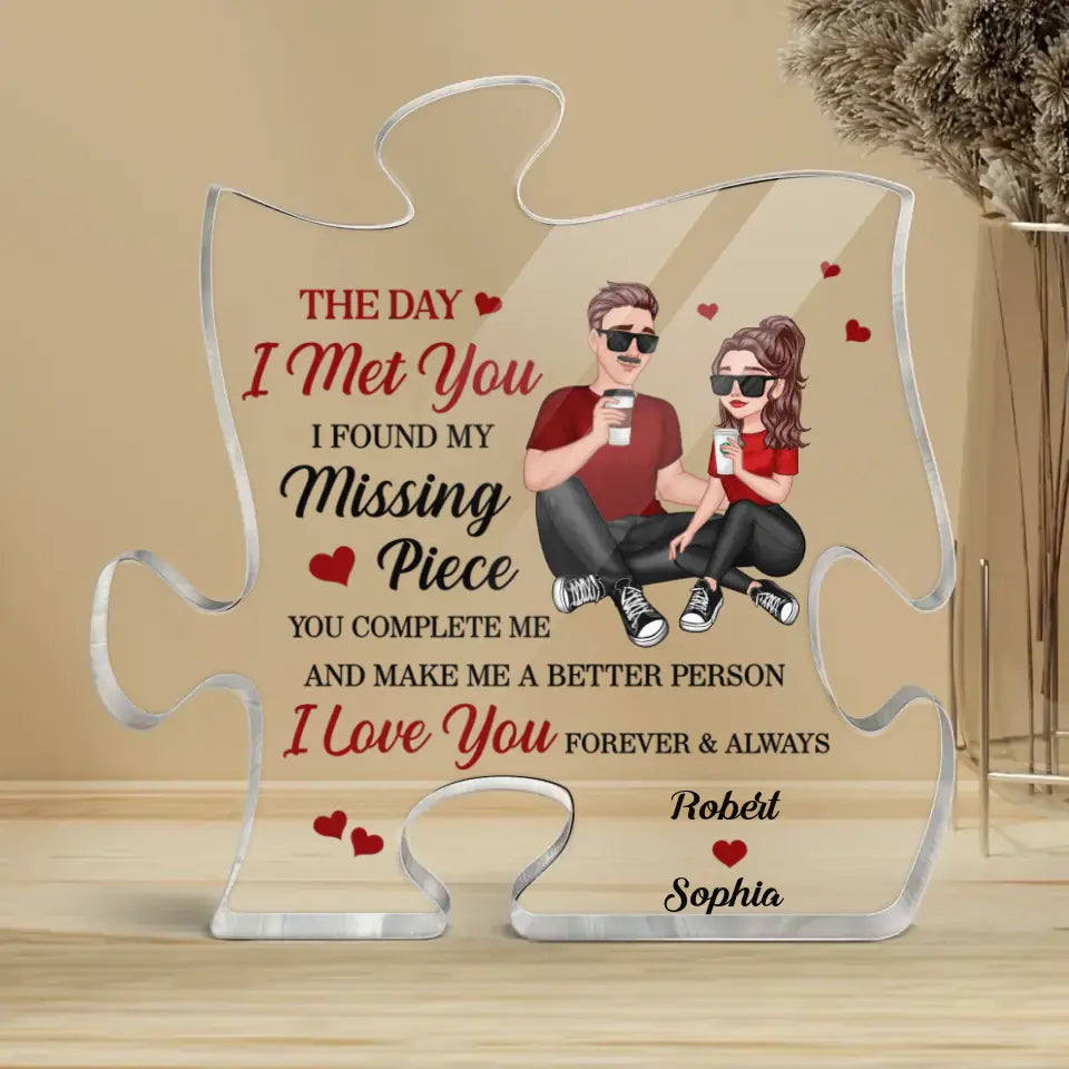 Cartoon Couple Sitting Found My Missing Piece Anniversary Gift For Him For Her Personalized Puzzle Acrylic Plaque