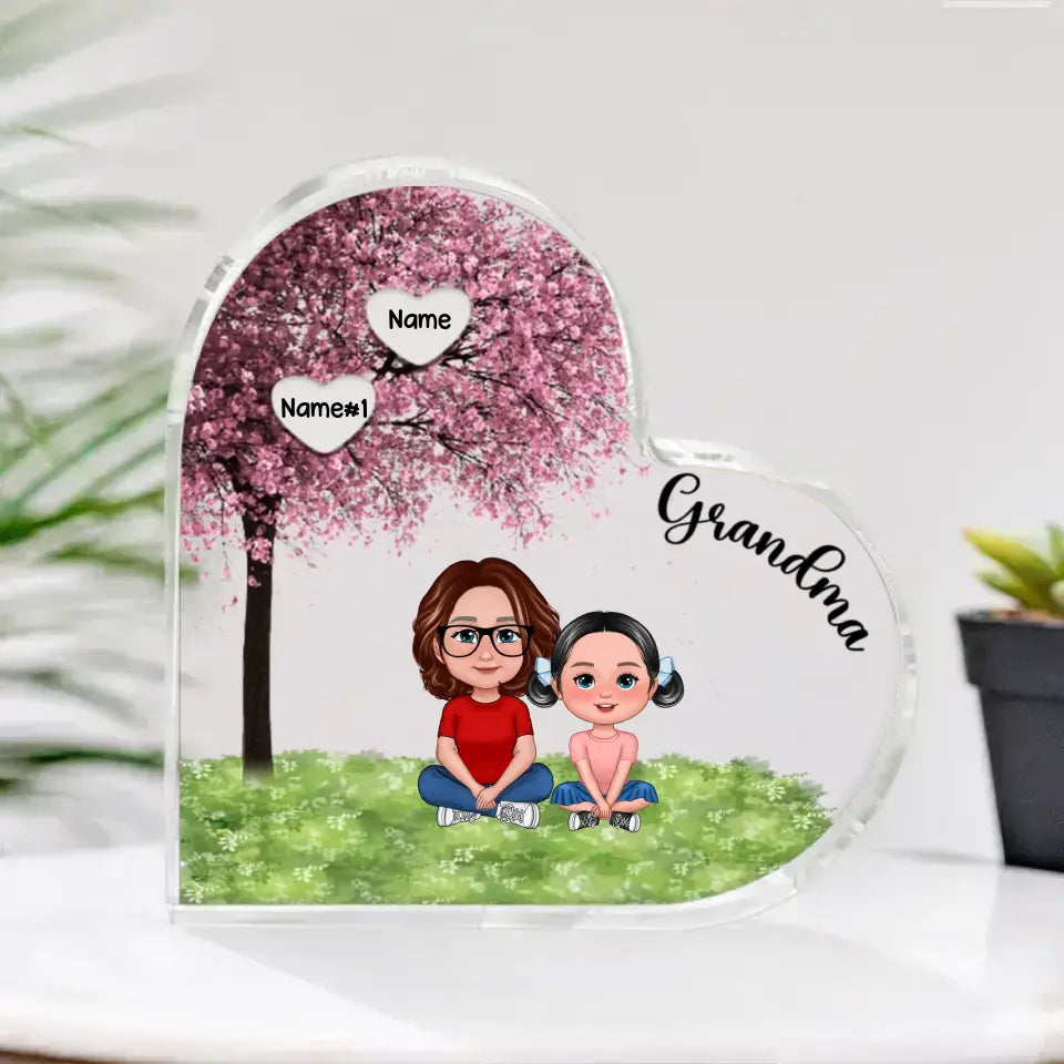 Grandma & Grandkids Sitting Under Tree-Personalized Custom Heart Shaped Acrylic Plaque