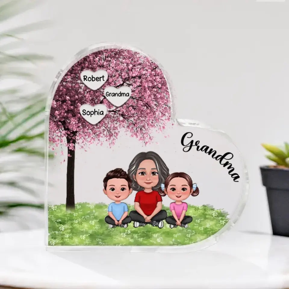 Grandma & Grandkids Sitting Under Tree-Personalized Custom Heart Shaped Acrylic Plaque