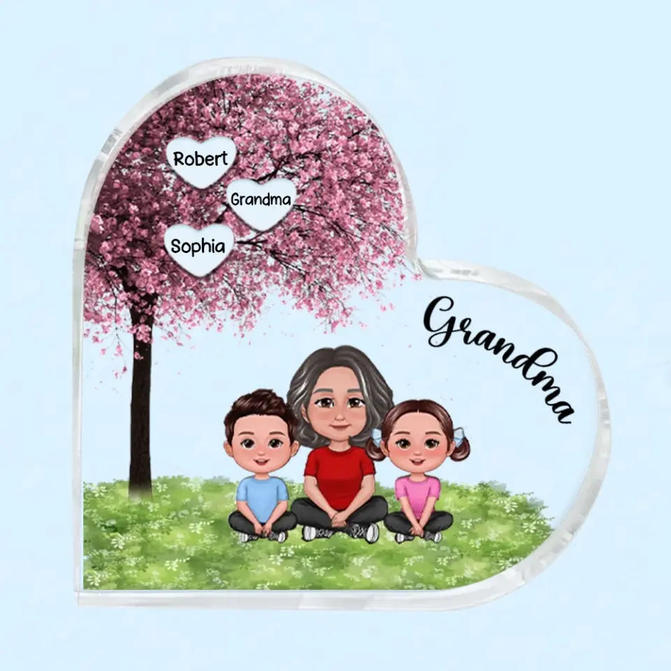 Grandma & Grandkids Sitting Under Tree-Personalized Custom Heart Shaped Acrylic Plaque