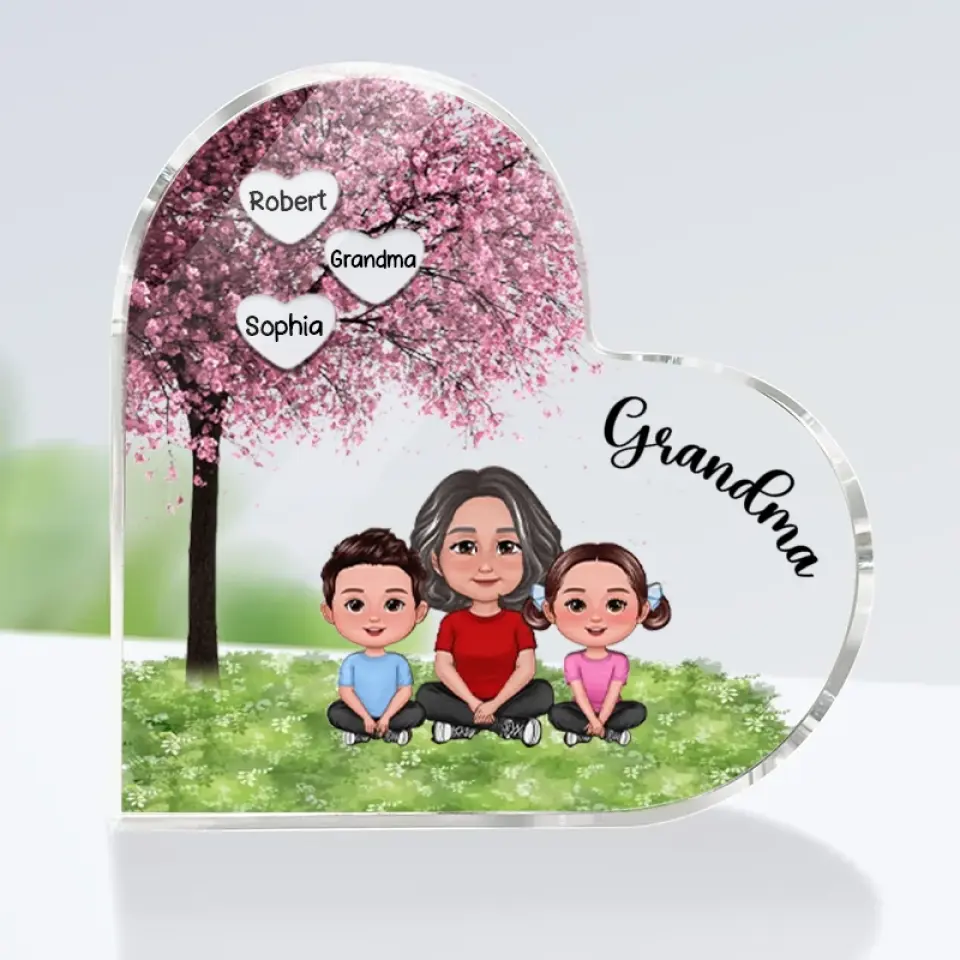 Grandma & Grandkids Sitting Under Tree-Personalized Custom Heart Shaped Acrylic Plaque