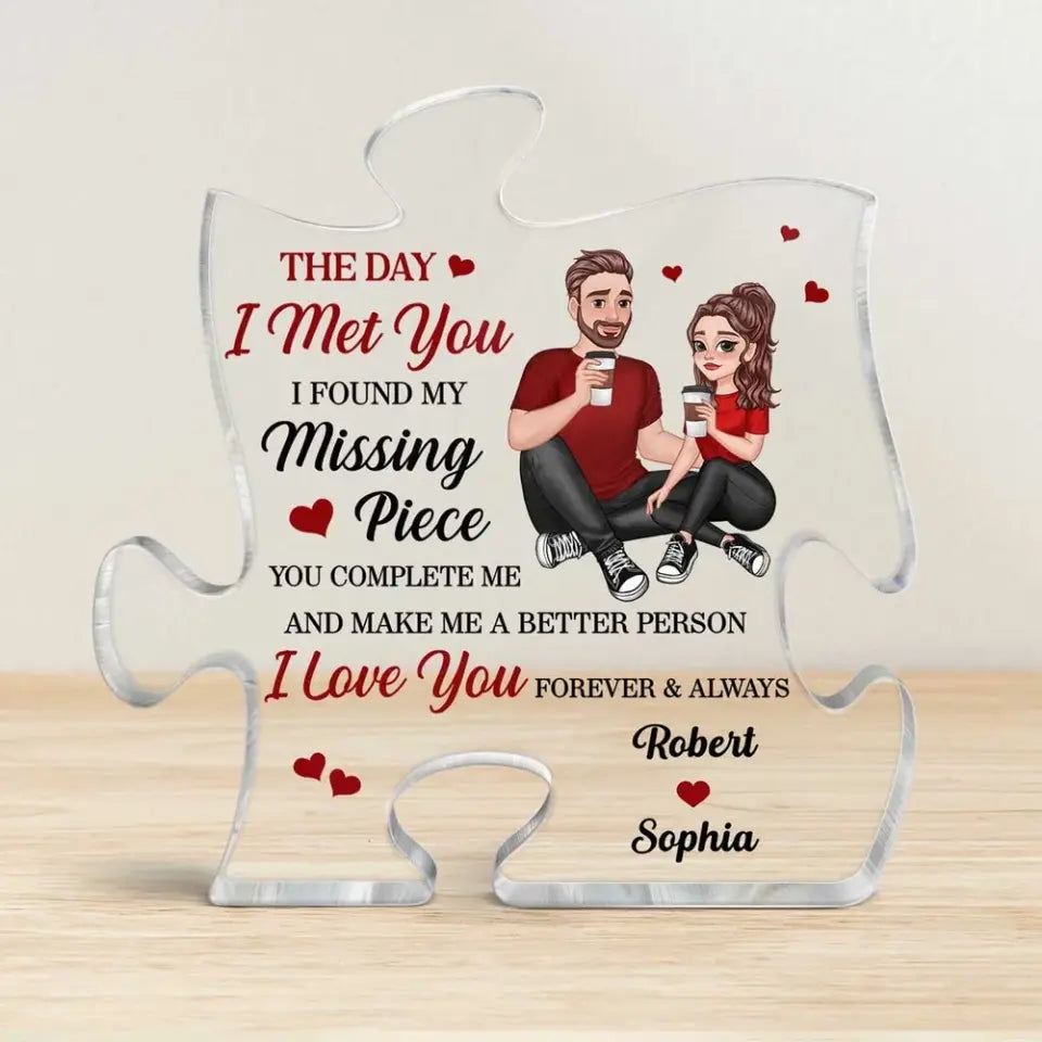 Cartoon Couple Sitting Found My Missing Piece Anniversary Gift For Him For Her Personalized Puzzle Acrylic Plaque