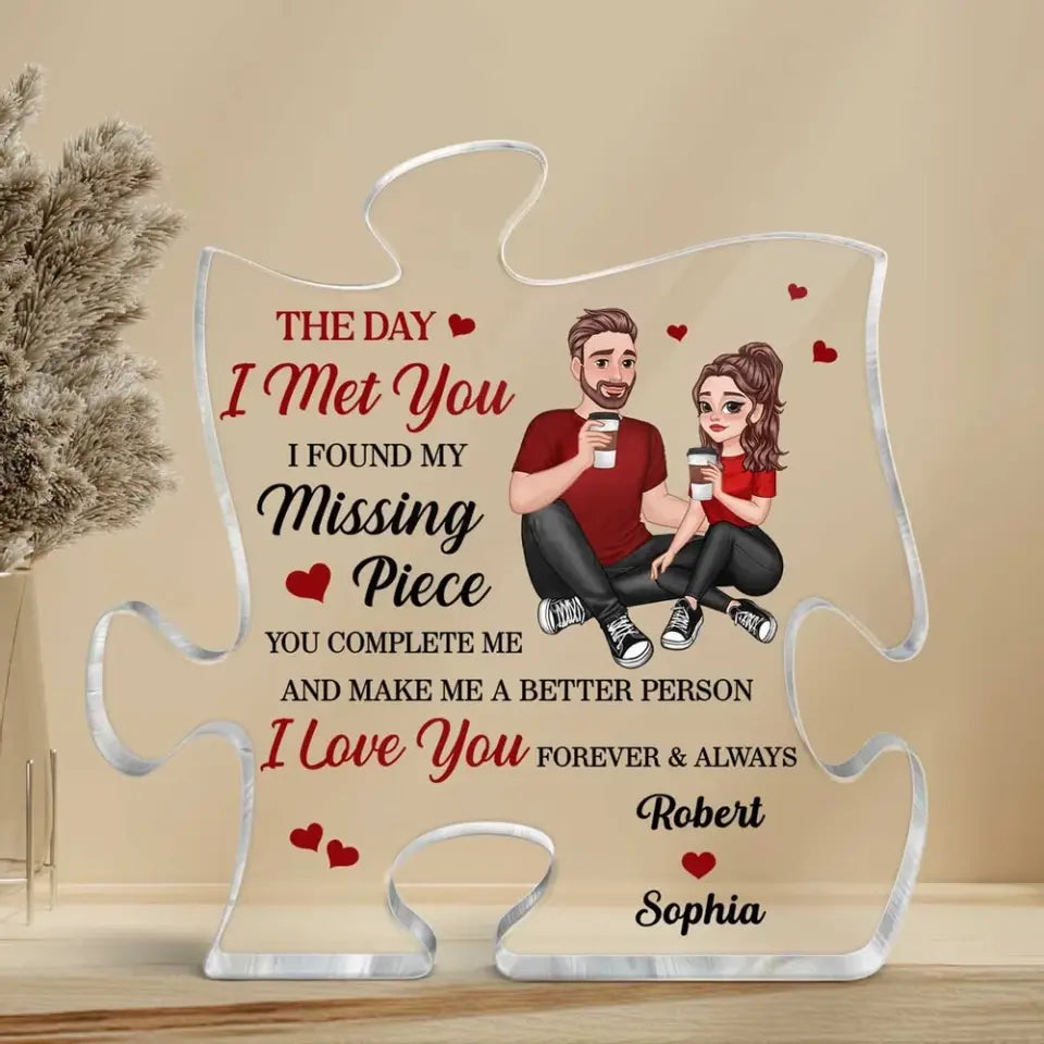 Cartoon Couple Sitting Found My Missing Piece Anniversary Gift For Him For Her Personalized Puzzle Acrylic Plaque