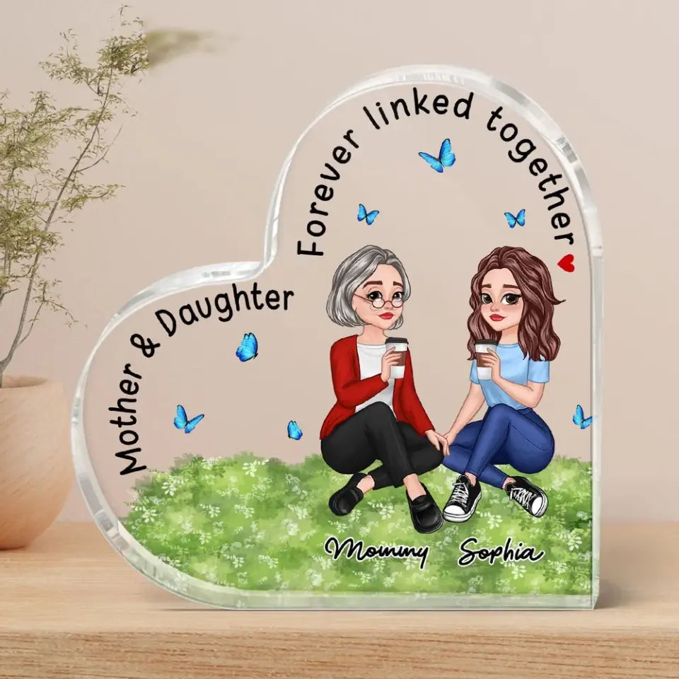 Pretty Cartoon Sitting Mom Daughter Forever Linked Together Personalized Acrylic Heart Plaque