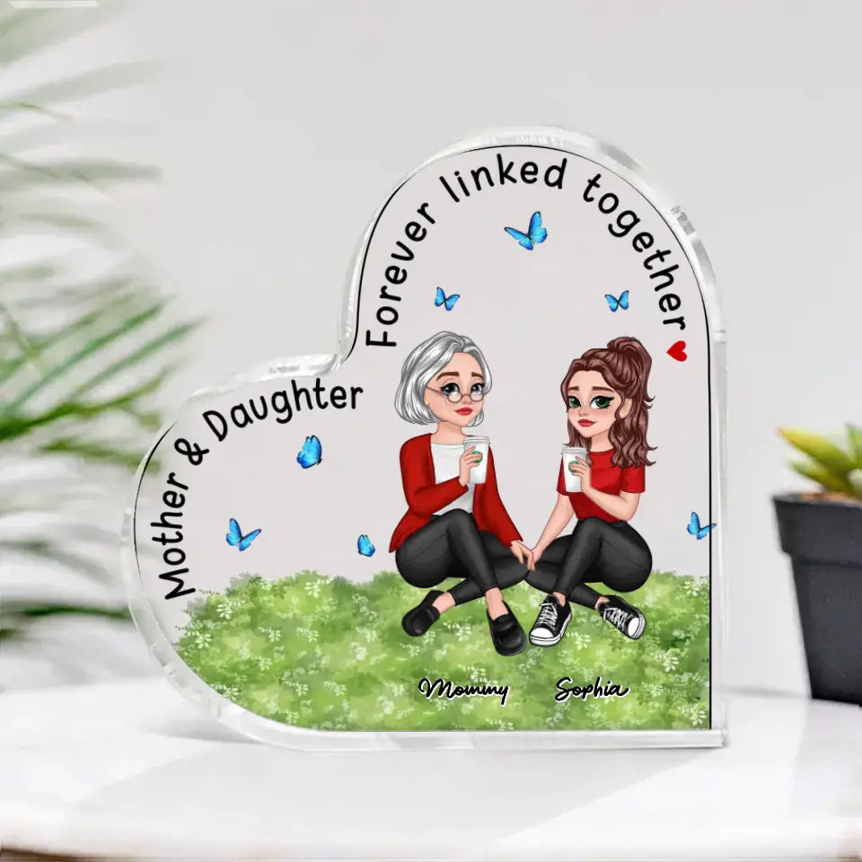 Pretty Cartoon Sitting Mom Daughter Forever Linked Together Personalized Acrylic Heart Plaque