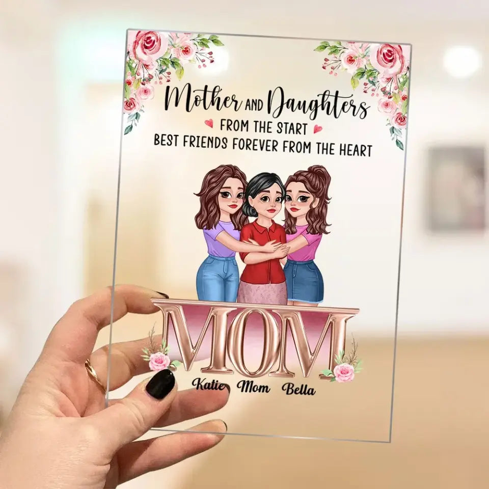 Hugging Cartoon Mom Daughter Best Friends Forever Personalized Acrylic Plaque