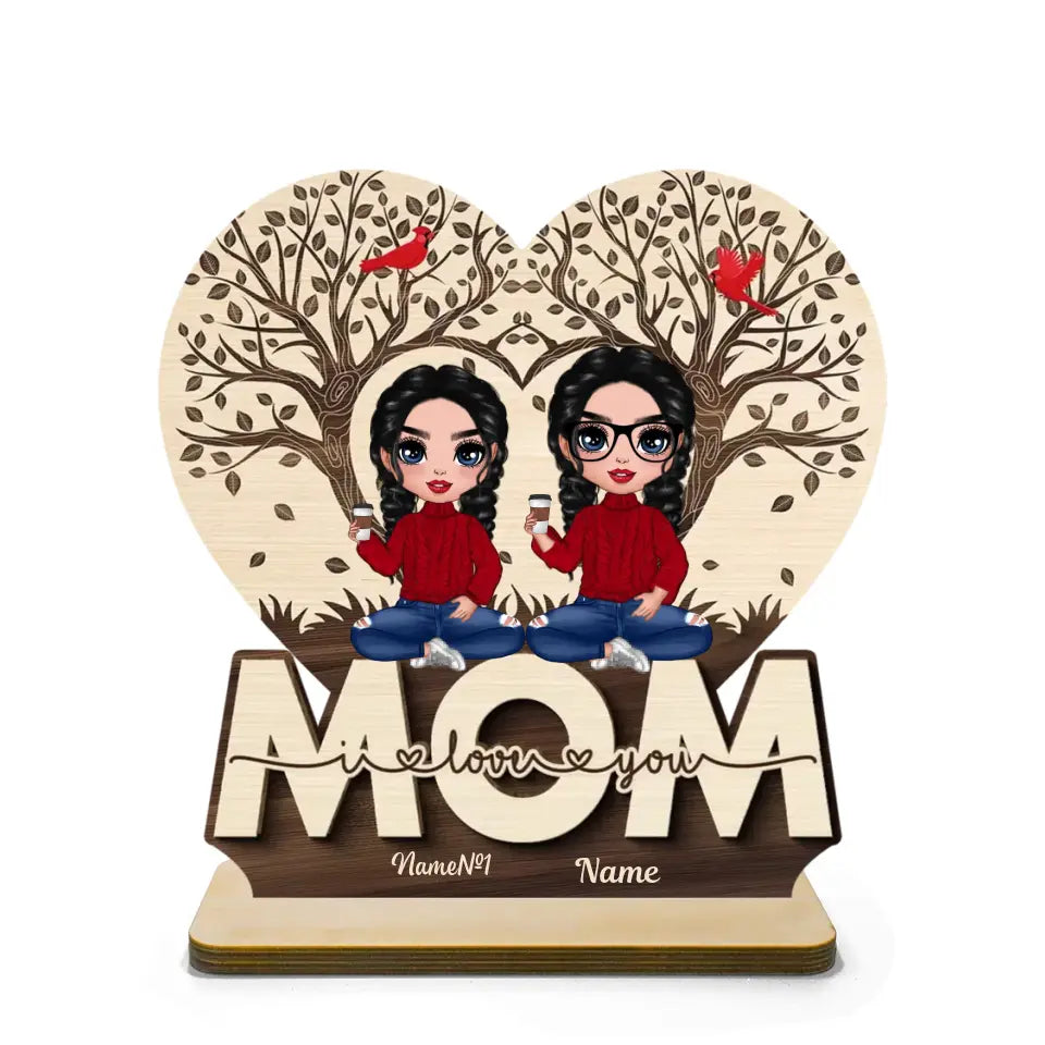 We Love You Mom Heart Tree Personalized 2-Layer Standing Wooden Plaque