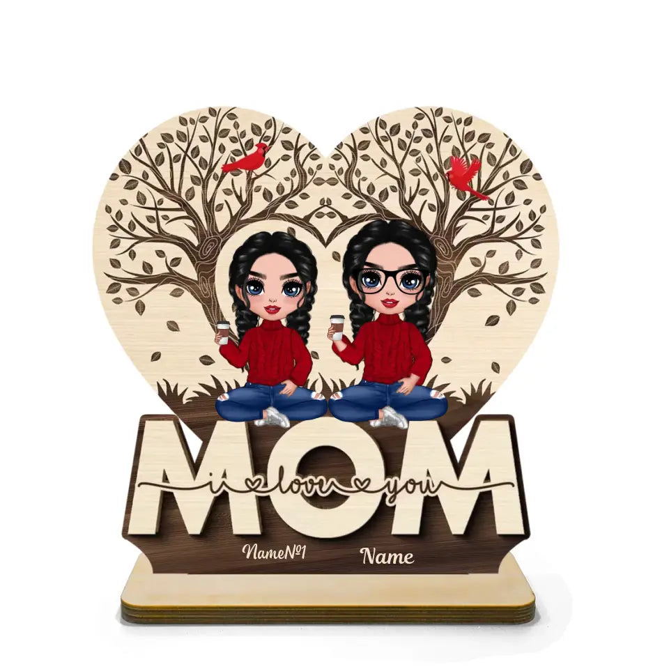 We Love You Mom Heart Tree Personalized 2-Layer Standing Wooden Plaque