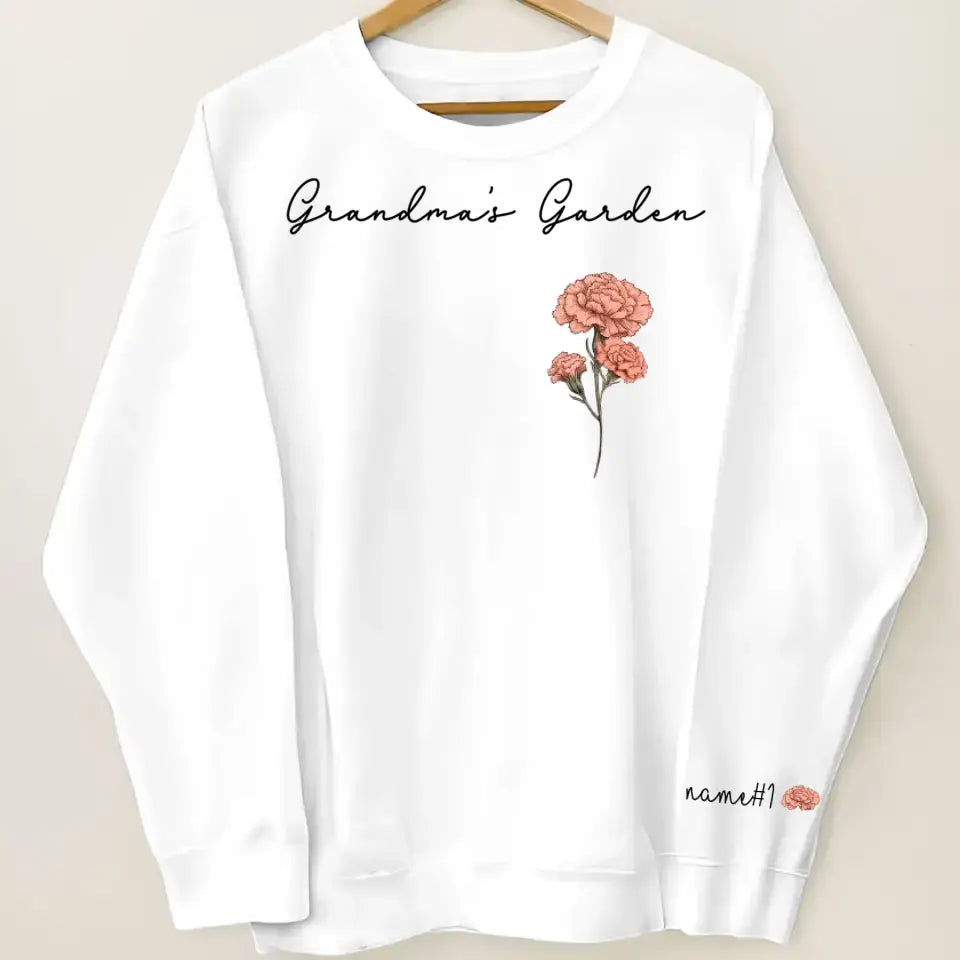 Grandma's Garden Back View Kid Sitting Birth Month Flower Personalized Sleeve Printed Sweatshirt