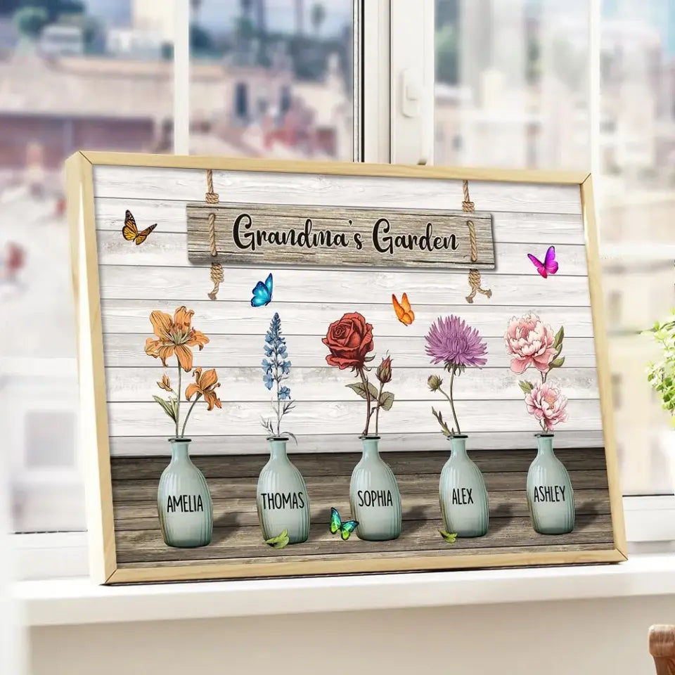 Grandma‘s Garden Birth Month Flowers Pots Personalized Horizontal Poster, Mother's Day Gift For Grandma, Mom, Auntie