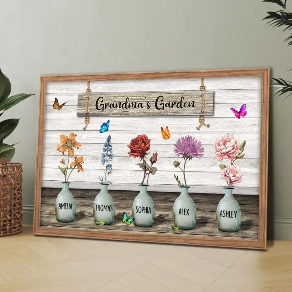 Grandma‘s Garden Birth Month Flowers Pots Personalized Horizontal Poster, Mother's Day Gift For Grandma, Mom, Auntie