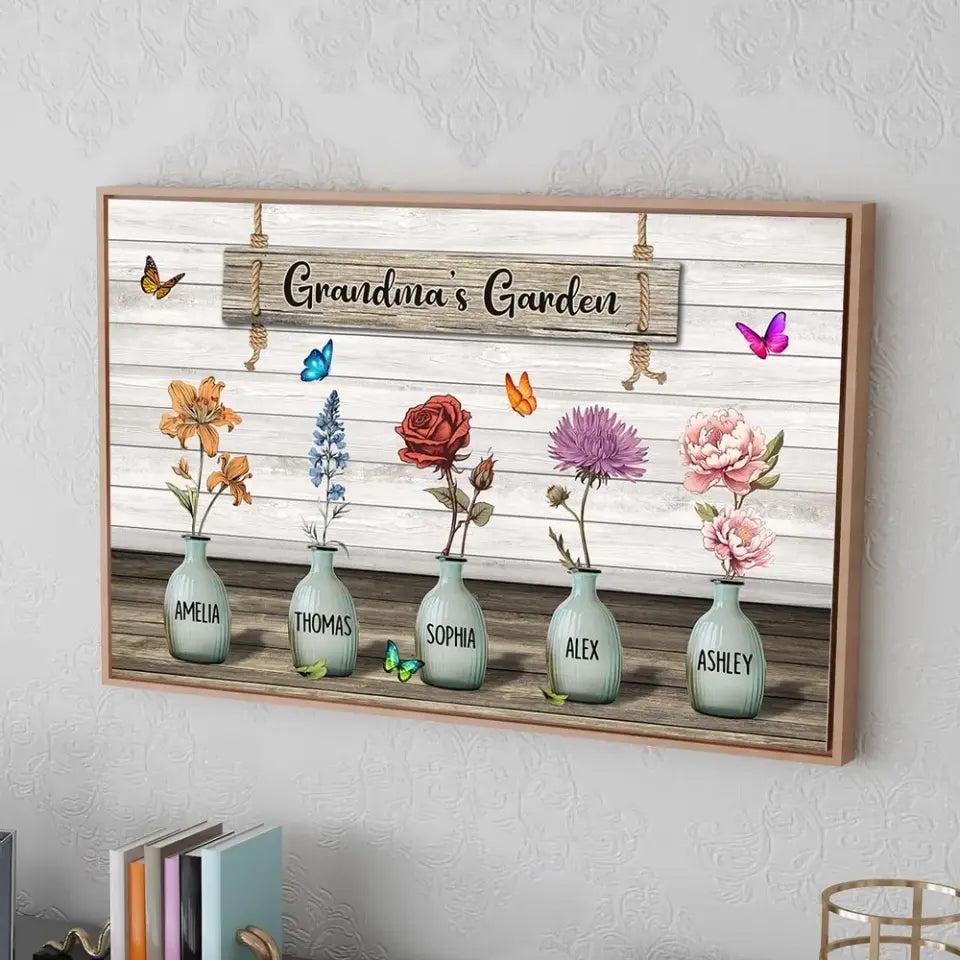 Grandma‘s Garden Birth Month Flowers Pots Personalized Horizontal Poster, Mother's Day Gift For Grandma, Mom, Auntie