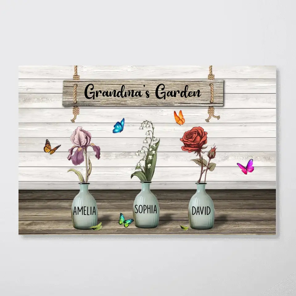 Grandma‘s Garden Birth Month Flowers Pots Personalized Horizontal Poster, Mother's Day Gift For Grandma, Mom, Auntie