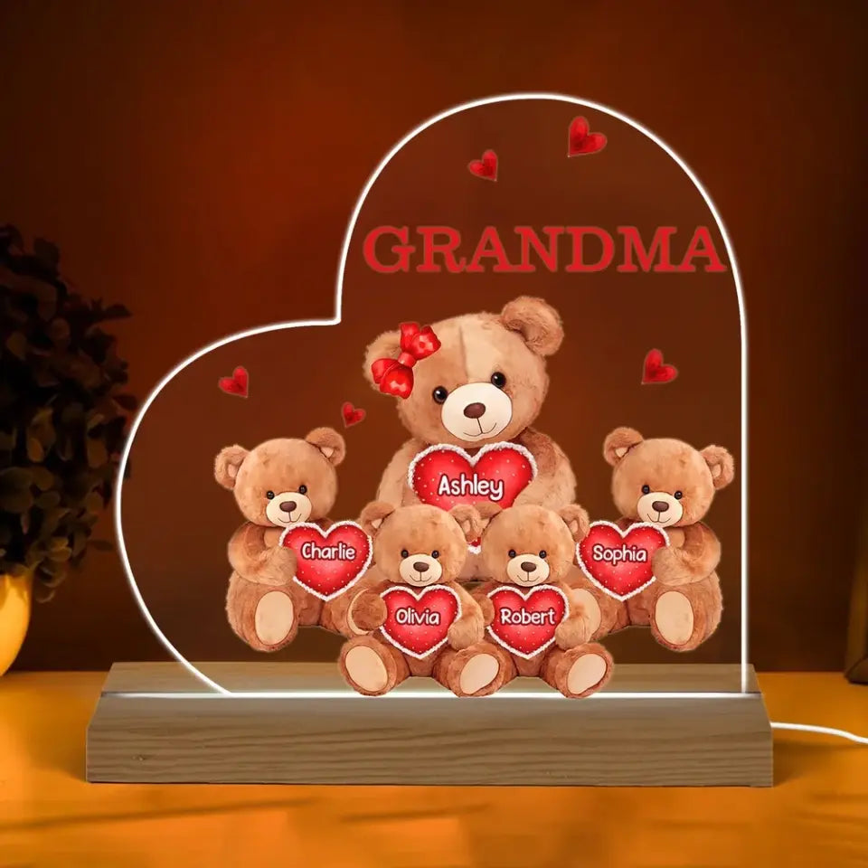 Grandma Mom Auntie Bear Personalized Custom Shape Acrylic Plaque Warm LED Night Light