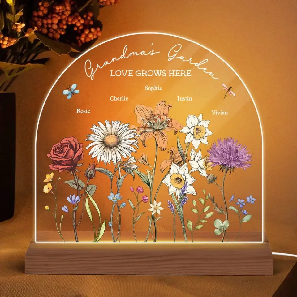 Grandma's Garden Vintage Birth Month Flowers Dome Shaped Personalized Acrylic LED Night Light