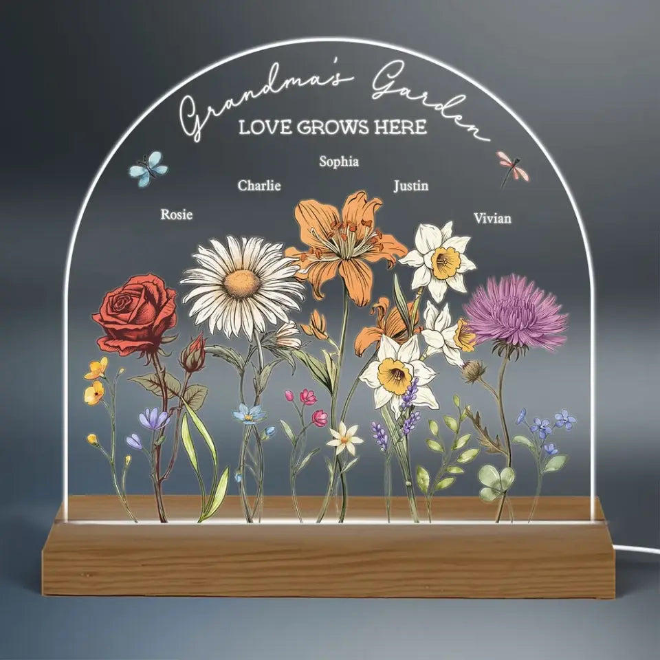 Grandma's Garden Vintage Birth Month Flowers Dome Shaped Personalized Acrylic LED Night Light