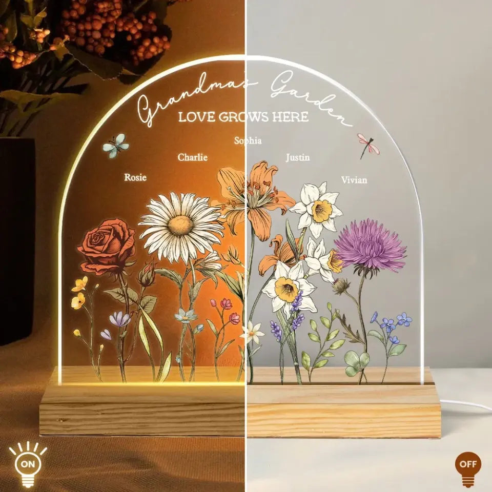 Grandma's Garden Vintage Birth Month Flowers Dome Shaped Personalized Acrylic LED Night Light