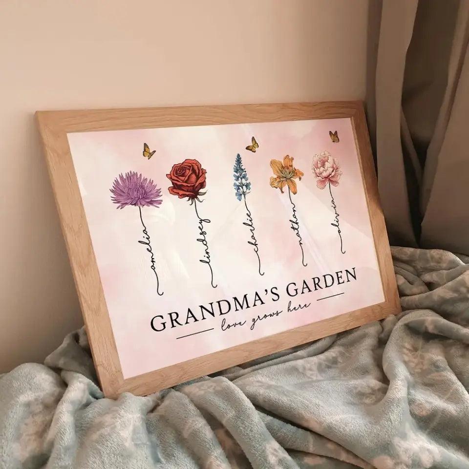 Grandma‘s Garden Love Grows Here Beautiful Birth Month Flower Gift For Grandma Mom Personalized Poster