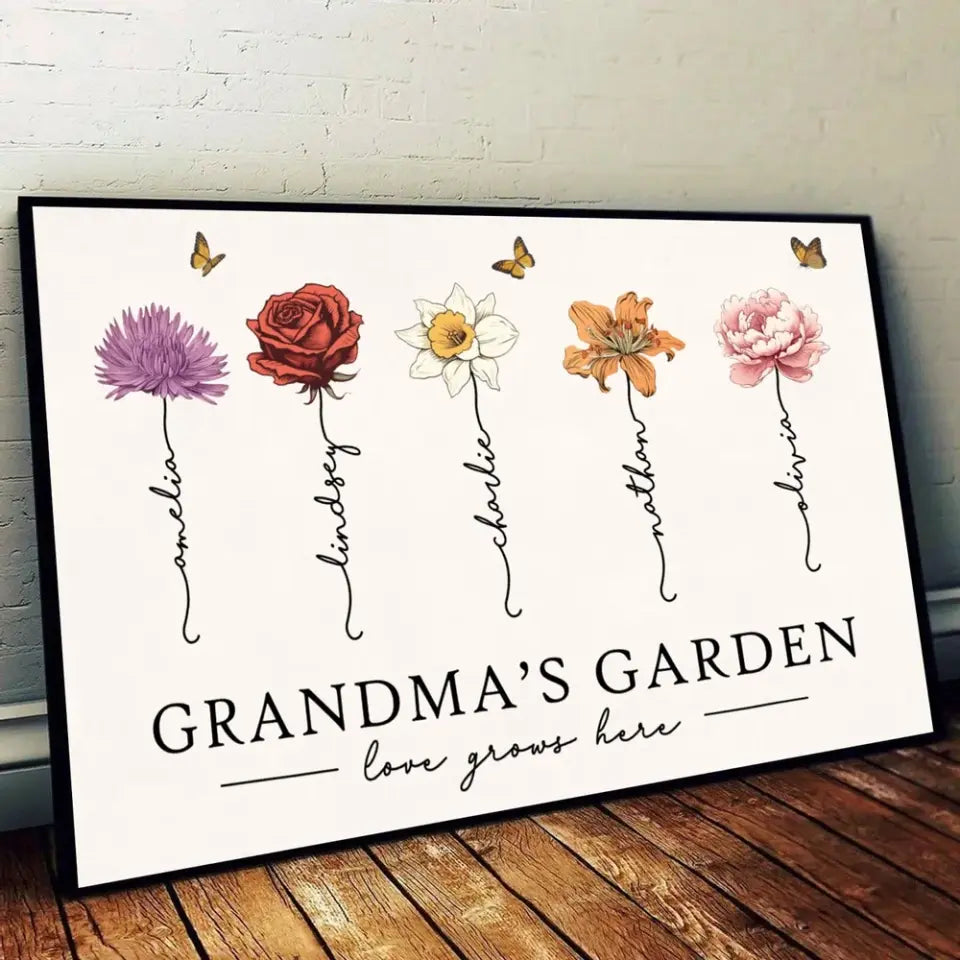 Grandma‘s Garden Love Grows Here Beautiful Birth Month Flower Gift For Grandma Mom Personalized Poster