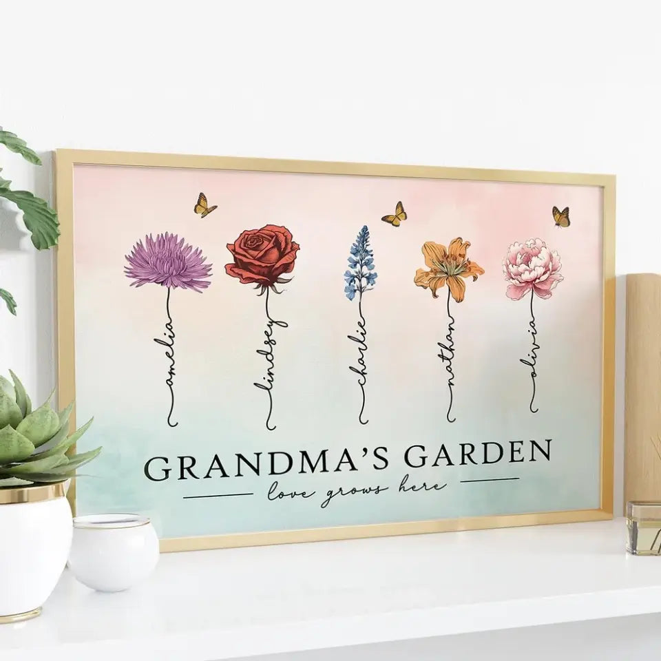 Grandma‘s Garden Love Grows Here Beautiful Birth Month Flower Gift For Grandma Mom Personalized Poster