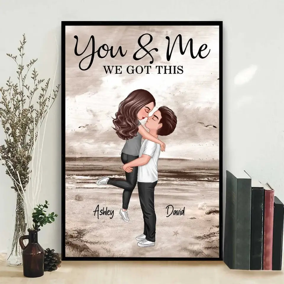 Retro Vintage Couple Hugging Kissing Beach Landscape Personalized Vertical Poster