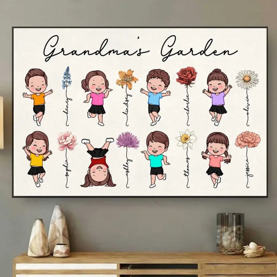 Grandma's Garden Cute Jumping Grandkids Personalized Poster