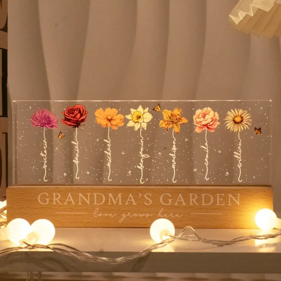 Grandma‘s Garden Birth Month Flower Personalized LED Night Light, Mother's Day Gift For Grandma Mom