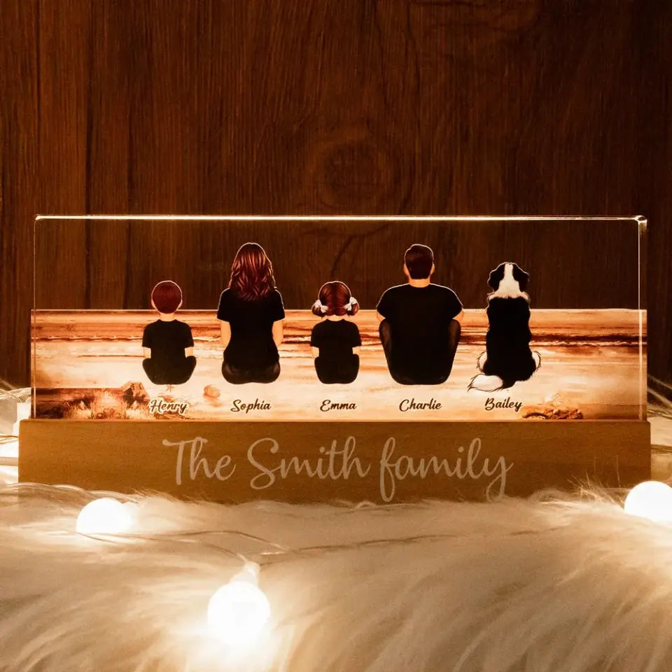 Family Sitting Back View Retro Vintage Beach Landscape Acrylic LED Night Light, Father's Day Gift For Dad, For Grandpa, For Husband