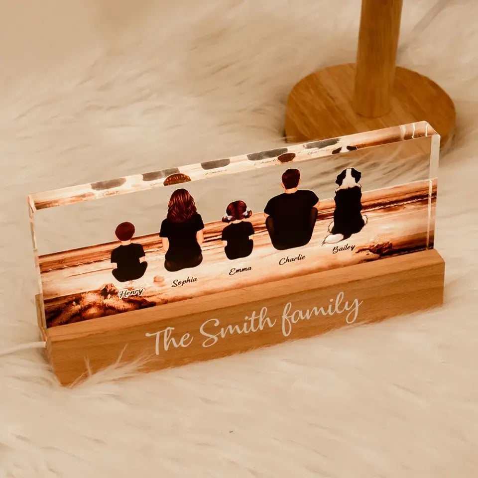 Family Sitting Back View Retro Vintage Beach Landscape Acrylic LED Night Light, Father's Day Gift For Dad, For Grandpa, For Husband