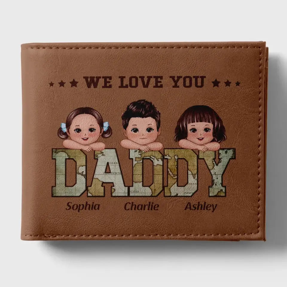 Daddy Grandpa We Love You World Map Pattern Personalized Printed Leather Wallet