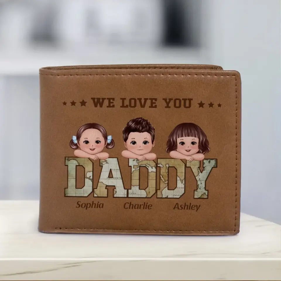 Daddy Grandpa We Love You World Map Pattern Personalized Printed Leather Wallet