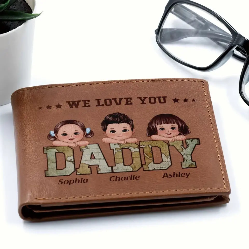 Daddy Grandpa We Love You World Map Pattern Personalized Printed Leather Wallet