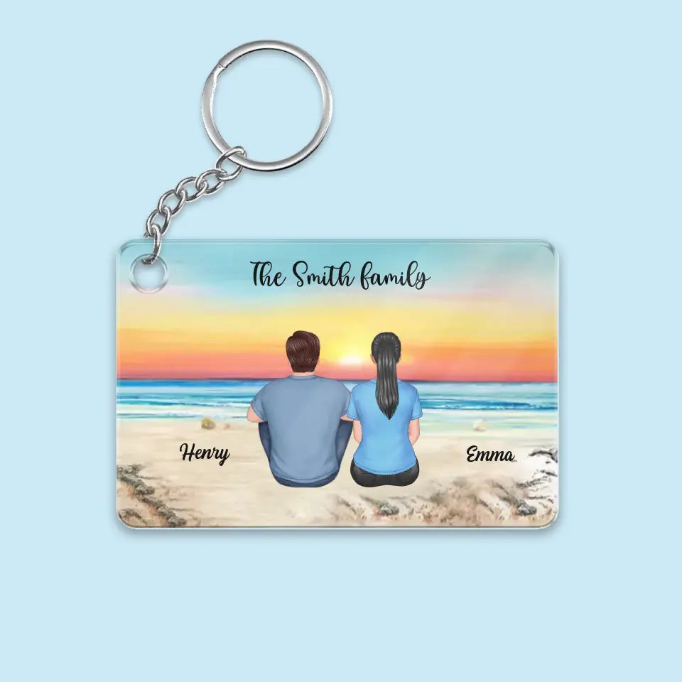 Family Sitting Back View Retro Vintage Beach Landscape Acrylic Keychain, Father's Day Gift For Dad, For Grandpa