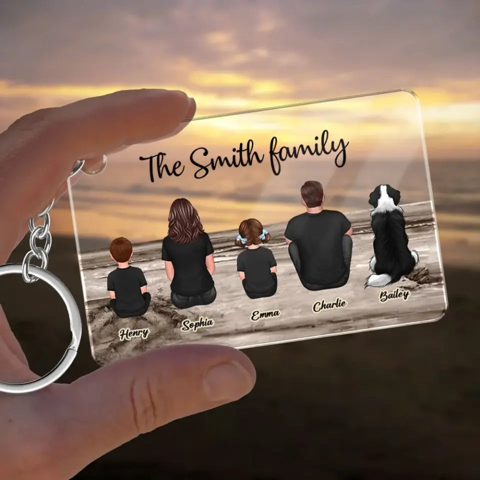 Family Sitting Back View Retro Vintage Beach Landscape Acrylic Keychain, Father's Day Gift For Dad, For Grandpa