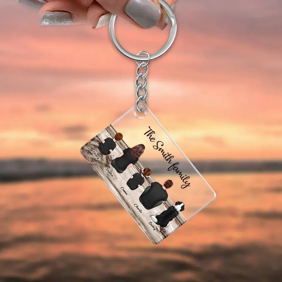 Family Sitting Back View Retro Vintage Beach Landscape Acrylic Keychain, Father's Day Gift For Dad, For Grandpa