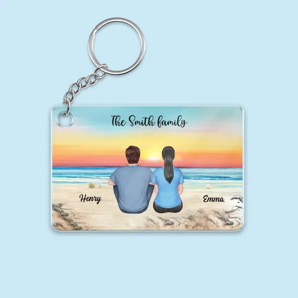 Family Sitting Back View Retro Vintage Beach Landscape Acrylic Keychain, Father's Day Gift For Dad, For Grandpa