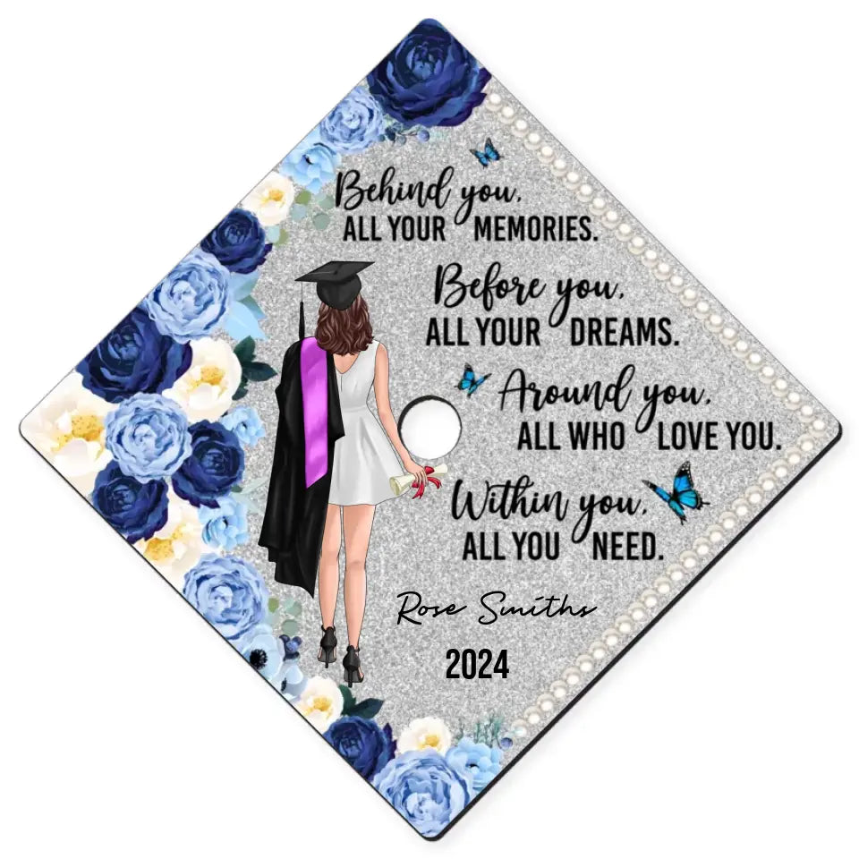 Behind You Flowers Senior Graduation Gift Personalized Printed Graduation Cap Topper (Not Real Glitter)